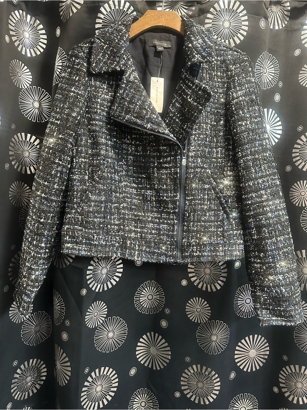 Ann Taylor Black White Blue Metallic Sparkle Tweed Moto Jacket Coat Size 6 New